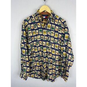 Vintage Tommy Hilfiger Mens Winter ski Sports Postage Stamp Print Button Shirt M